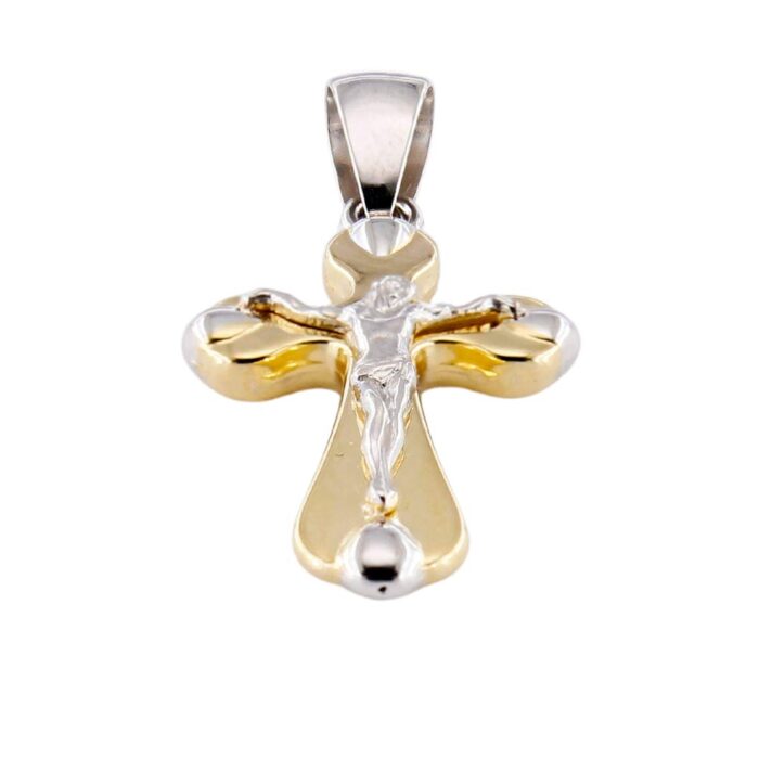 Pendente Croce Arrotondata In Oro Giallo Con Gesù in Oro Bianco - immagine 3