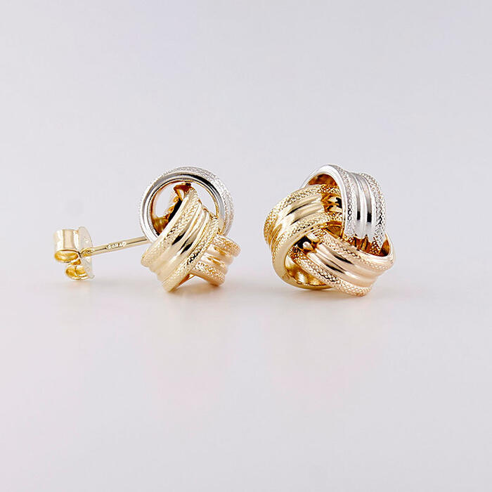 Orecchini Donna Nodo Oro Giallo Bianco e Rosa 18 kt Diamantati a Laser - immagine 2