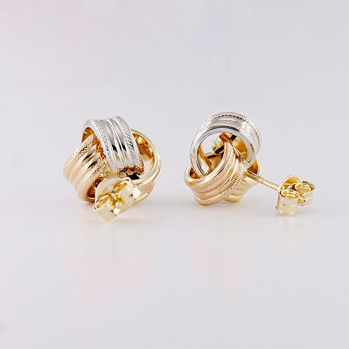 Orecchini Donna Nodo Oro Giallo Bianco e Rosa 18 kt Diamantati a Laser - immagine 3