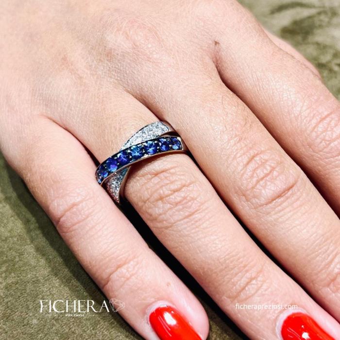 Anello Veretta Donna Zaffiri e Diamanti Naturali Oro 18 kt - immagine 2