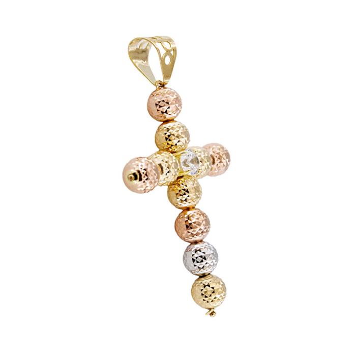 Pendente Croce Sfere 6 mm In Oro Giallo Rosa e Bianco 18 kt Diamantate - immagine 2