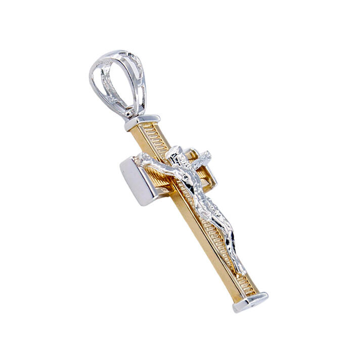 Ciondolo Croce con Gesù In Oro Giallo e Bianco 18 kt Finiture Laser - immagine 2