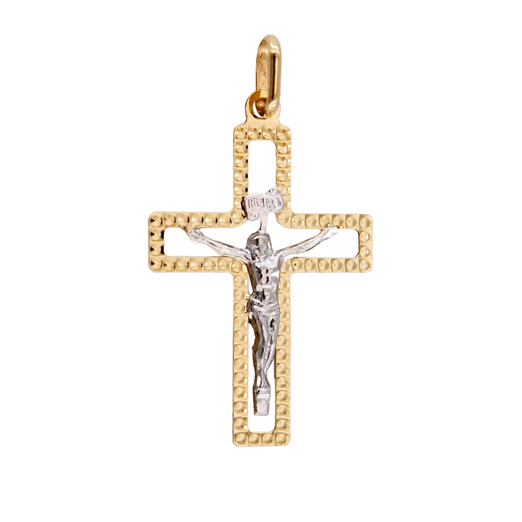 JC Trauringe Ciondolo A Croce Con Corpo Di Gesù In Oro 585 – 26 Mm, Bicolore, Gioiello Religioso In Scatola Portagioie